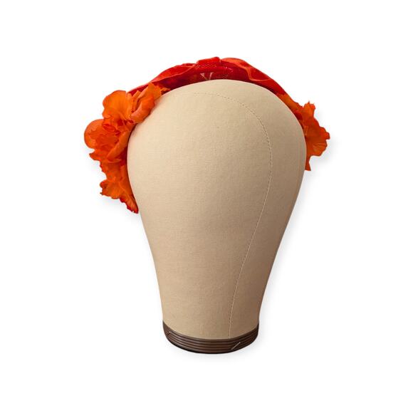 Vintage Velvet & Silk Flower Caged Half Hat ~ Bright Orange Bridal Formal Bow - Picture 11 of 11